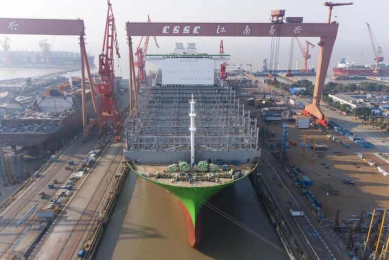 Evergreen's first 24,000 TEU boxship has launched in China.