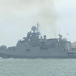 A warship of the Russian Black Sea fleet is seen during naval drills in Sevastopol